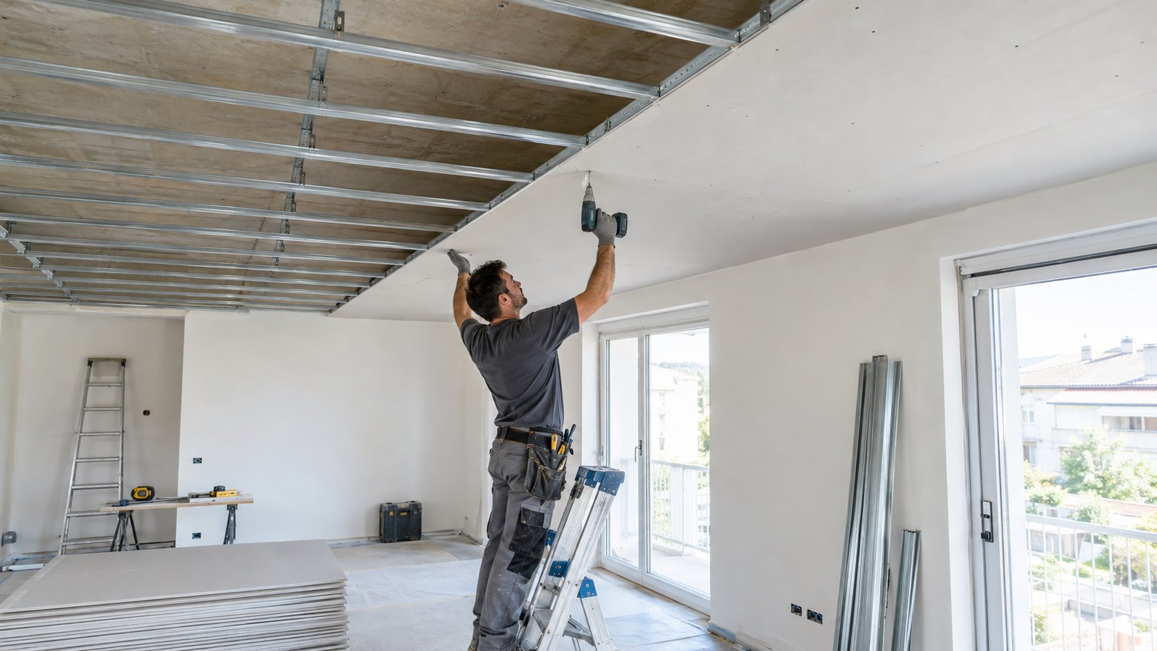 Installazione di un controsoffitto in cartongesso