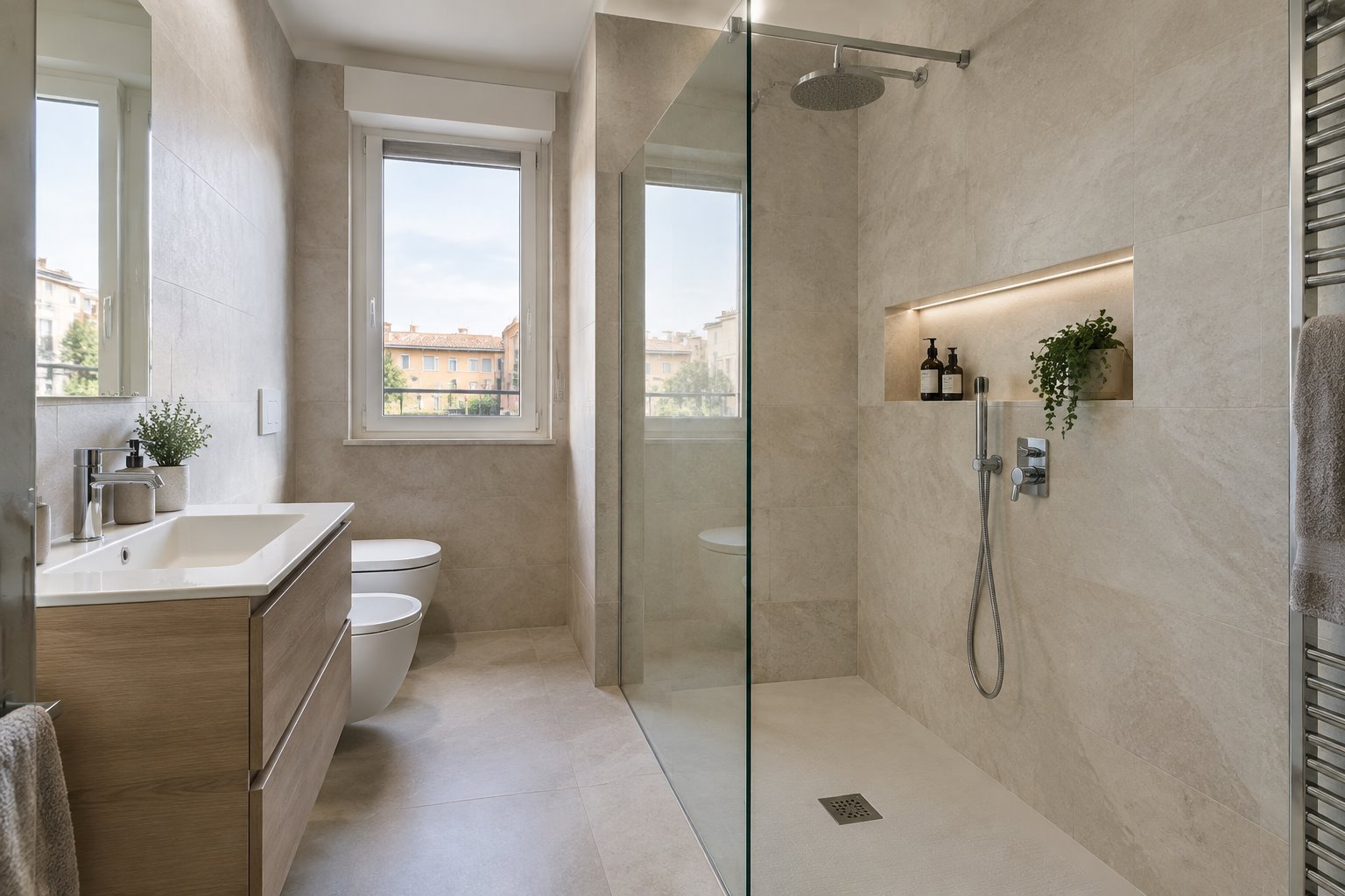 Bagno rinnovato con doccia walk-in e rivestimenti in gres