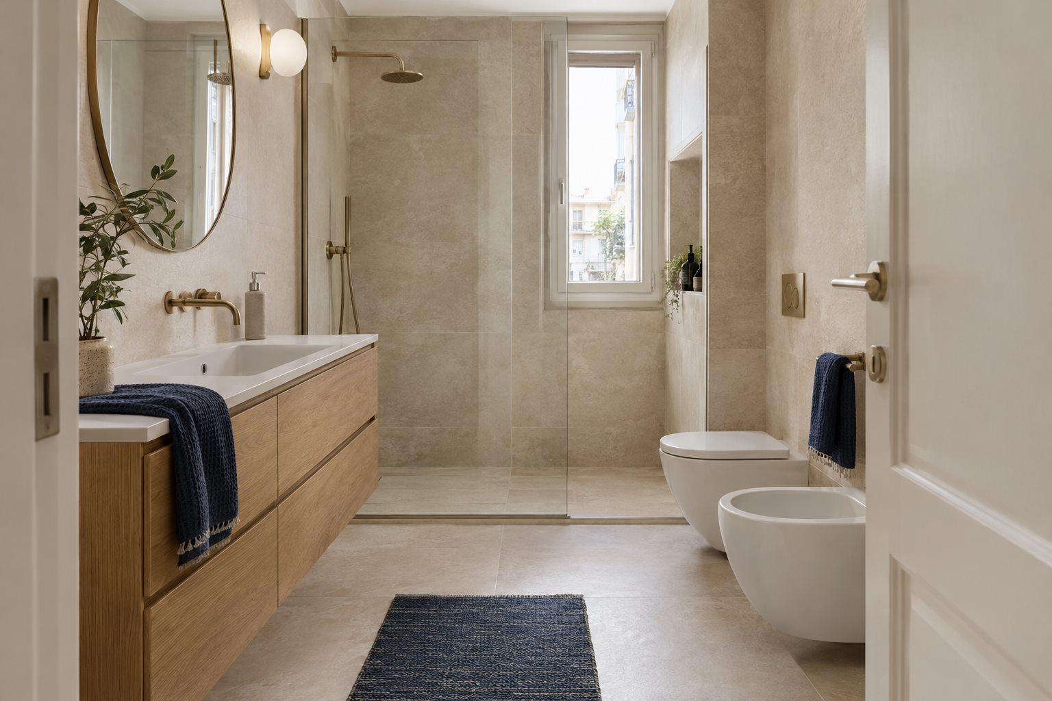 Bagno rinnovato con finiture chiare, immagine illustrativa
